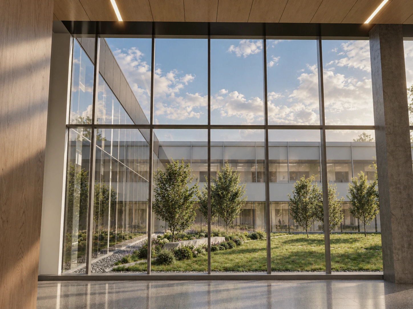 Modern lobby courtyard visualization with daylight through a glass facade